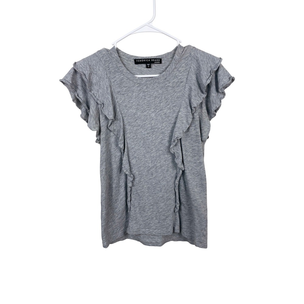 Veronica Beard Jeans Grey Pima Cotton Ruffle Cap Sleeve Tee XS